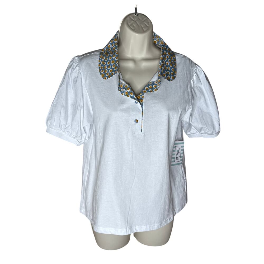 Tulip B by Unique Vintage White Short Sleeve Floral Collar Blouse M NWT